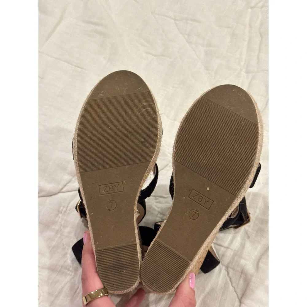 ZBY Womens Black Faux Suede Cork Espadrille Wedge Sandals Ankle Strap Size 7